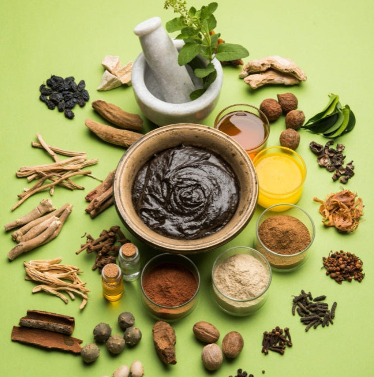 Collection of various spices and herbs on a green background